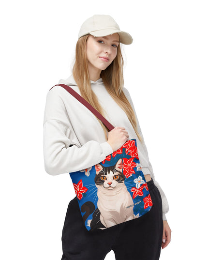 Cat and Red White & Blue Flowers Tote Bag with Cotton Handles For Everyday Use, 3 Sizes