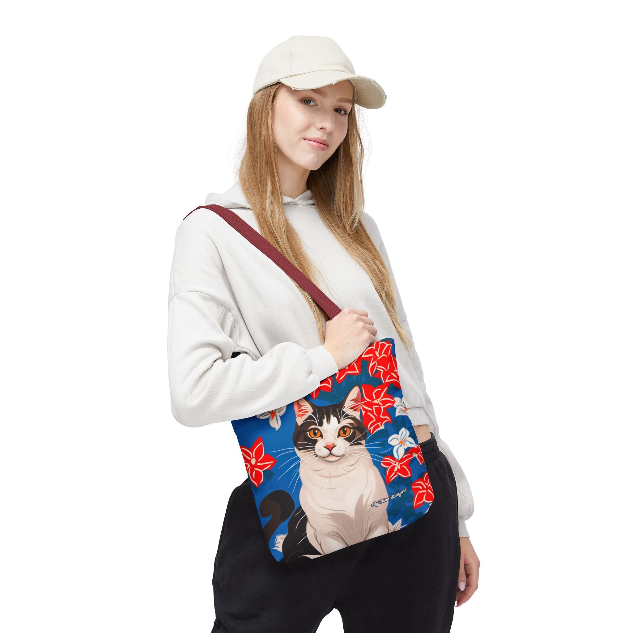 Cat with Red and White Flowers, Tote Bag with Cotton Handles For Everyday Use, 3 Sizes