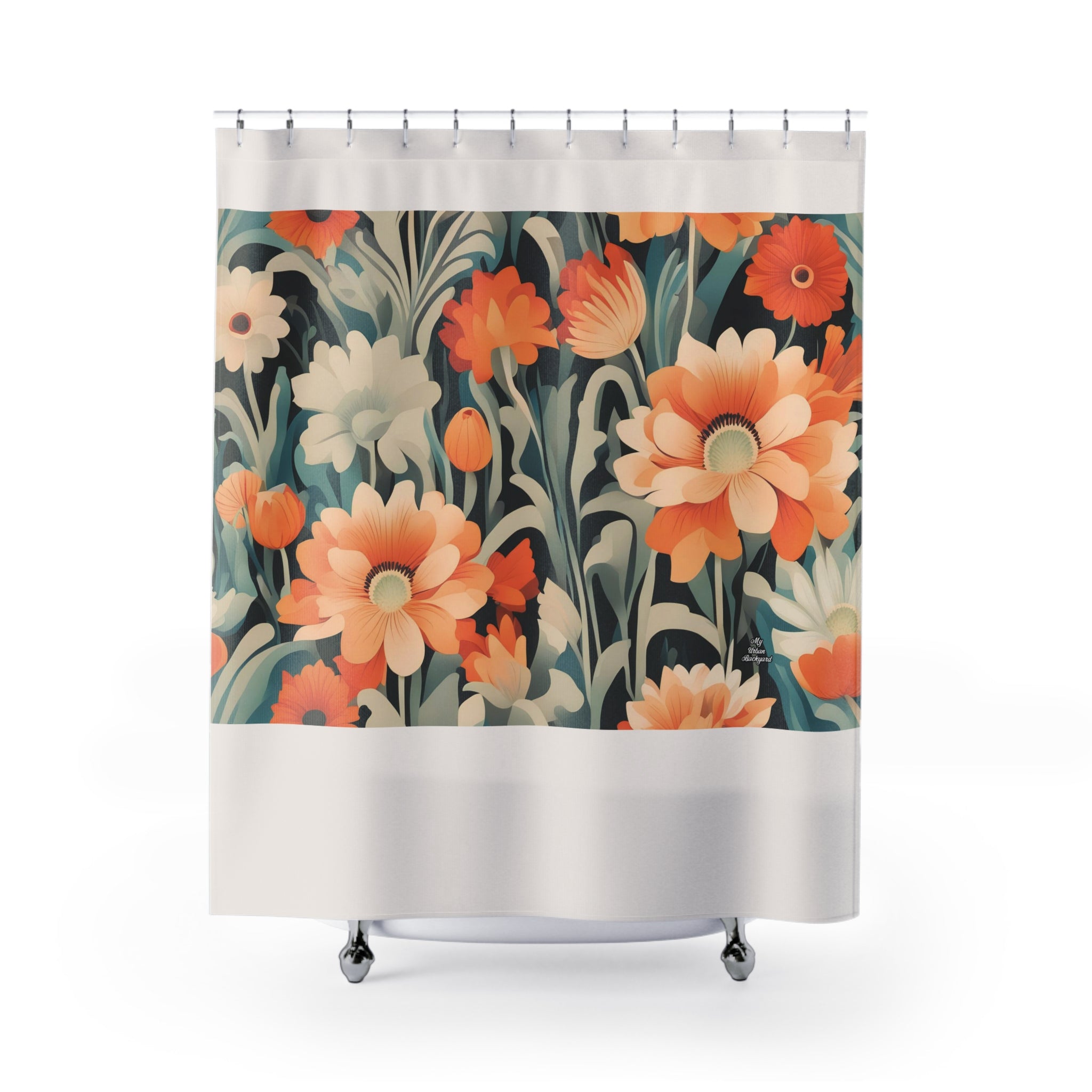 Cream Shower Curtain with Orange and White Flowers - 71" x 74"