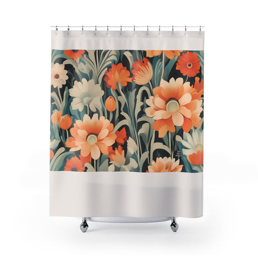 Orange and White Flowers, Shower Curtain, Cream accent color - 71" x 74"