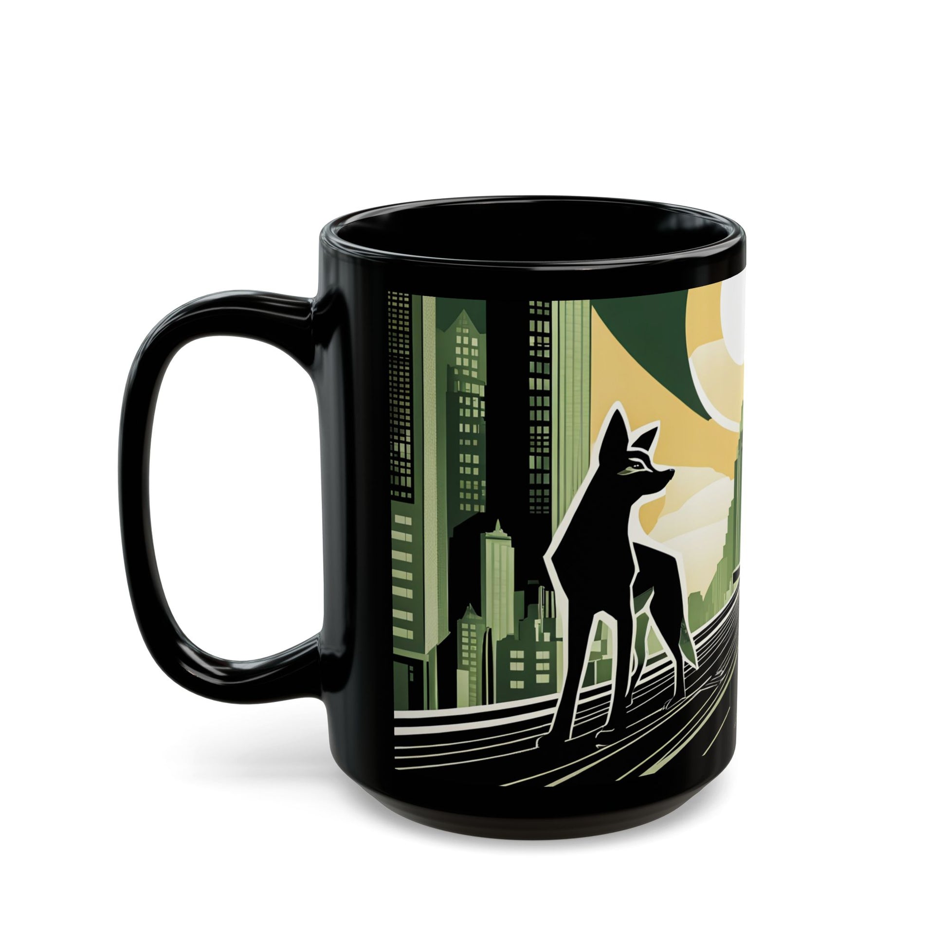 Art Deco Coyote Mug, Unique 11oz/15oz Black Coffee Cup, Retro Home Decor, Gift for Animal Lovers, Vintage Style, Perfect for Any Occasion