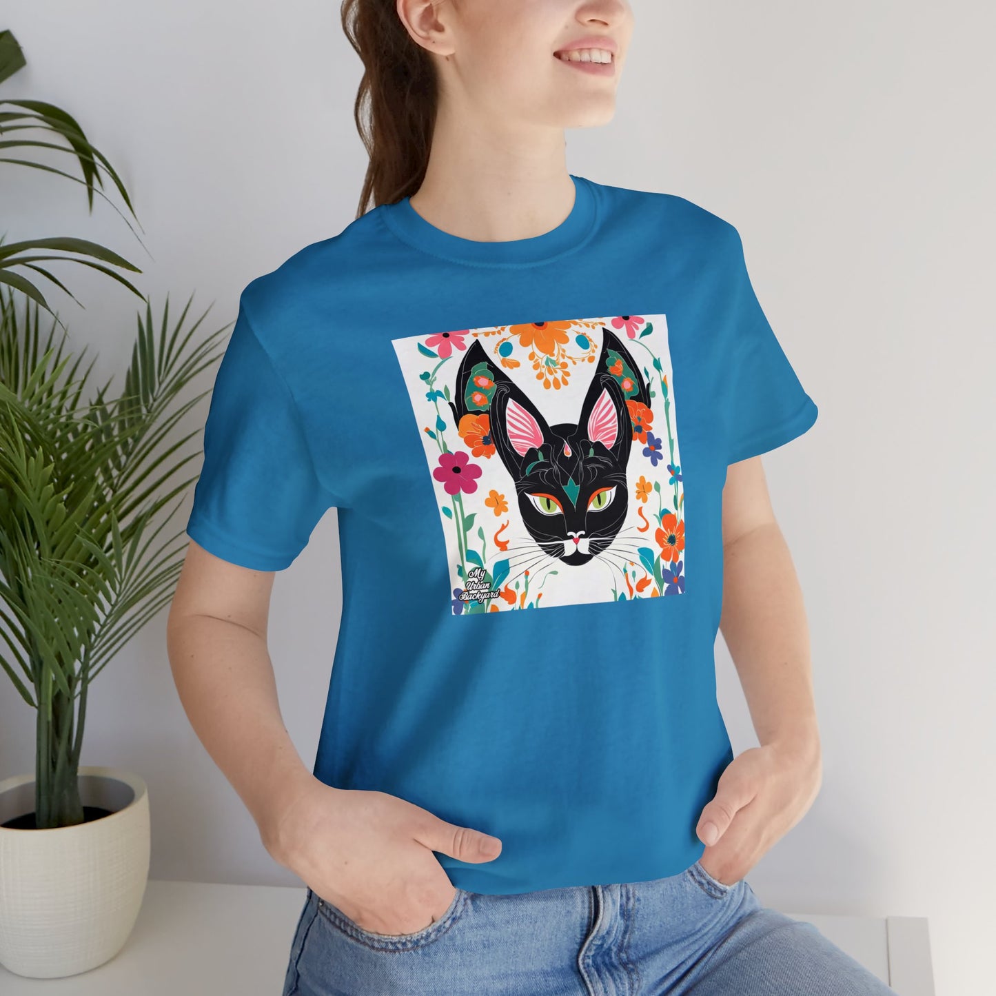 Black Cat w Green Eyes & Flowers, Soft 100% Jersey Cotton T-Shirt, Unisex, Short Sleeve, Retail Fit