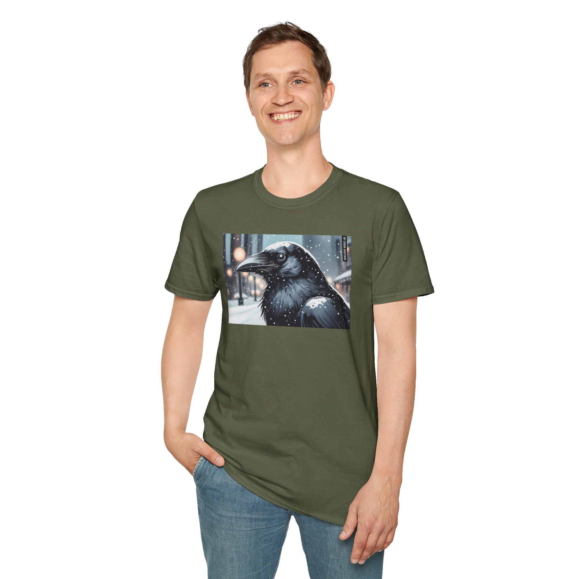 Urban Crow In Falling Snow T-Shirt — Winter Crow Graphic Tee