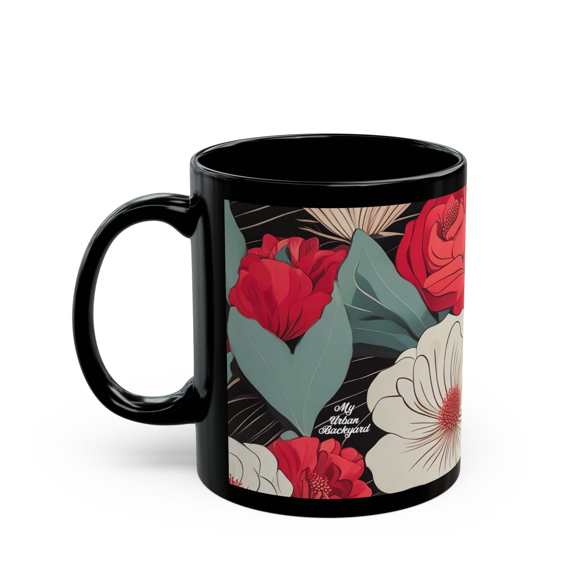 Floral Black Mug - Perfect for Coffee Lovers, Gift for Her, Home Decor, Botanical Design, Floral Coffee Cup