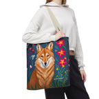 Coyote w Red Flowers Tote Bag with Cotton Handles For Everyday Use, 3 Sizes
