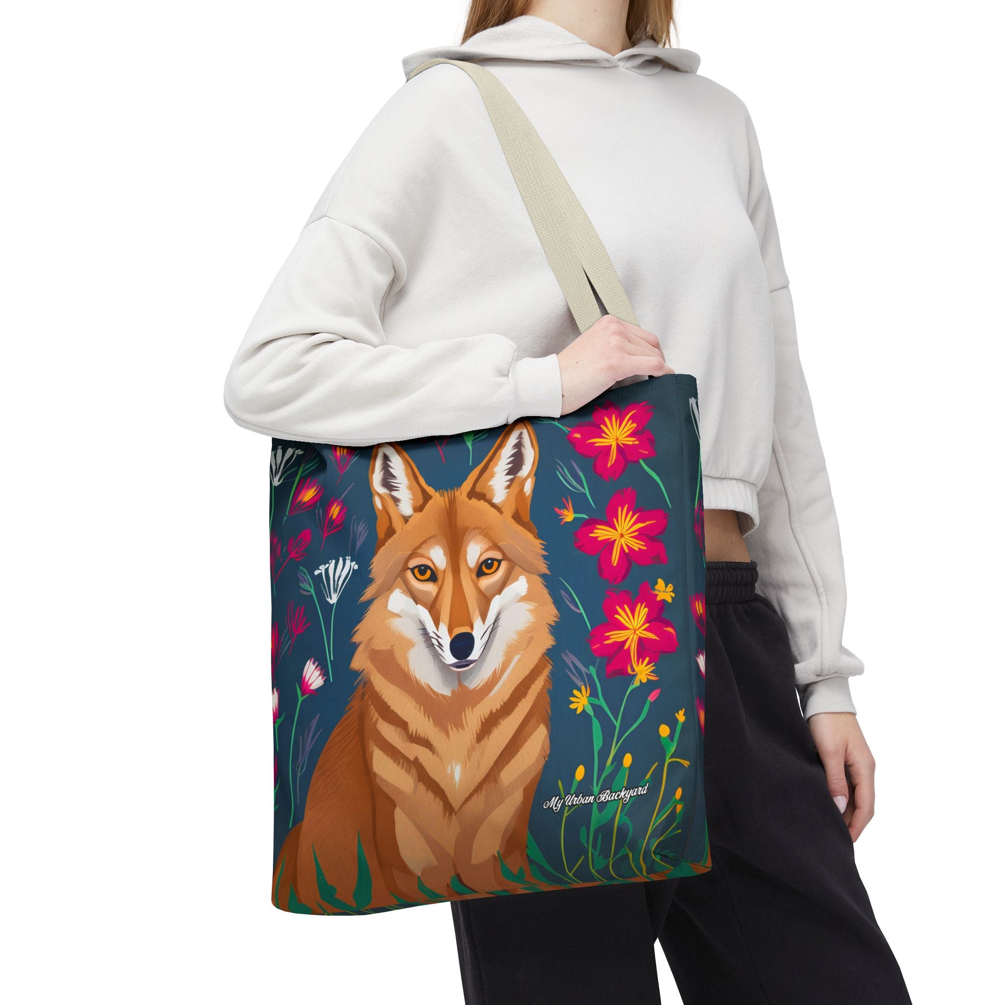 Coyote w Red Flowers Tote Bag with Cotton Handles For Everyday Use, 3 Sizes