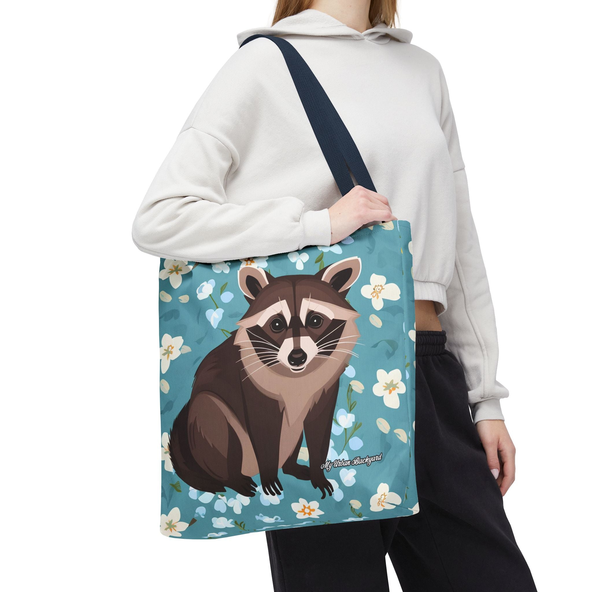 Young Raccoon w Flowers Tote Bag with Cotton Handles For Everyday Use, 3 Sizes
