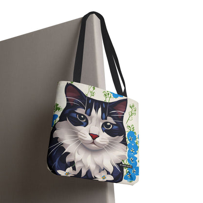 Cat and Blue Flowers Tote Bag