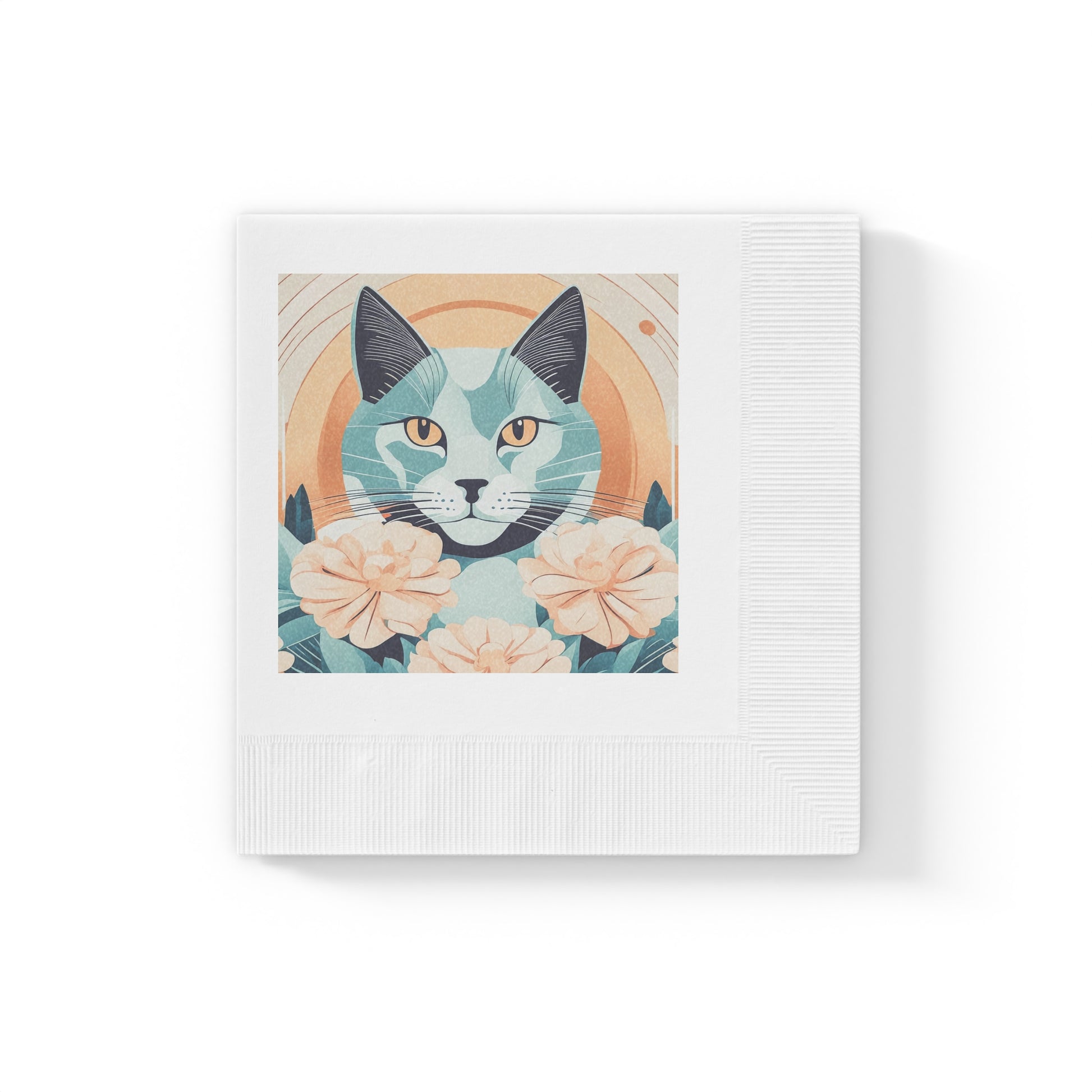 Leo Bluemane, Cat Floral Cocktail Napkins — Retro Blue Cat with Peach Roses, 2 sizes, Pack of 50 or 100