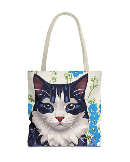 Cat and Blue Flowers Tote Bag with Cotton Handles For Everyday Use, 3 Sizes