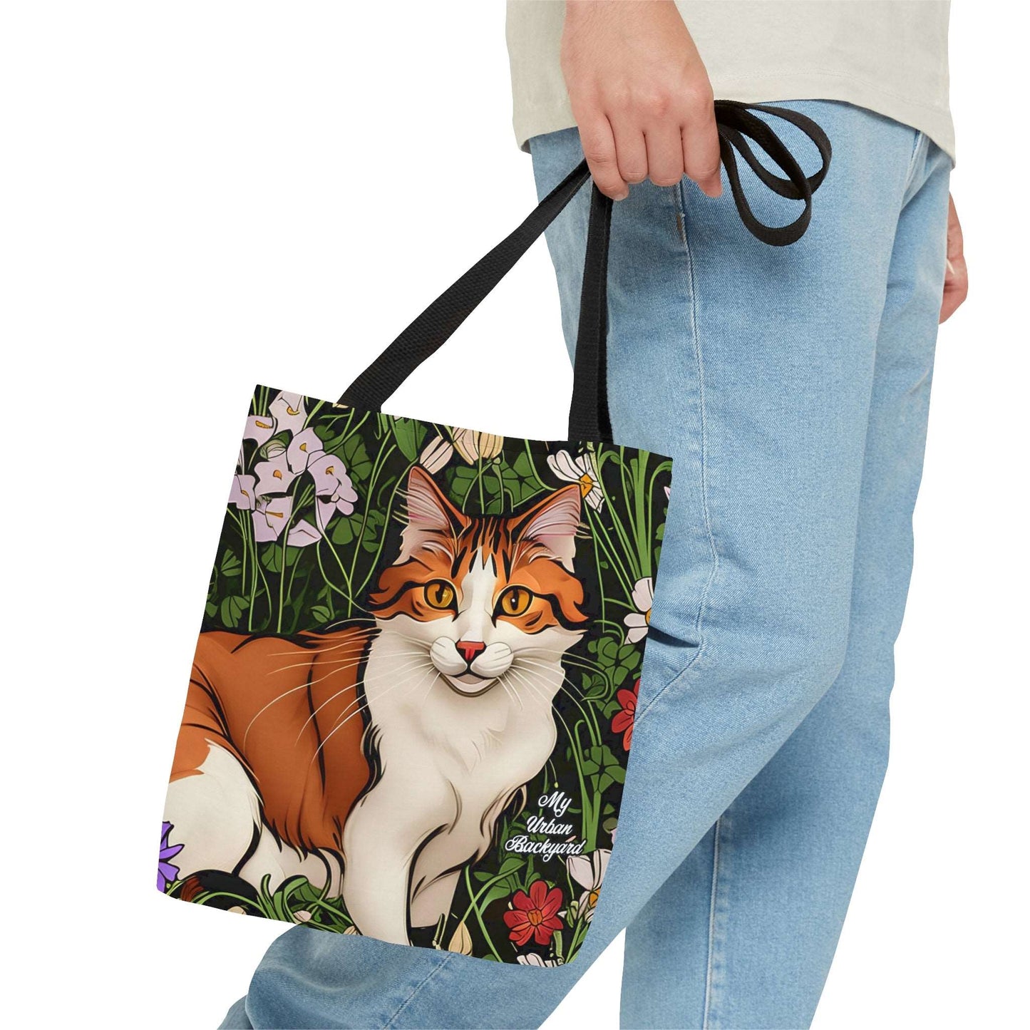Everyday Tote Bag w Cotton Handles, Reusable Shoulder Bag, Orange Cat w Flowers