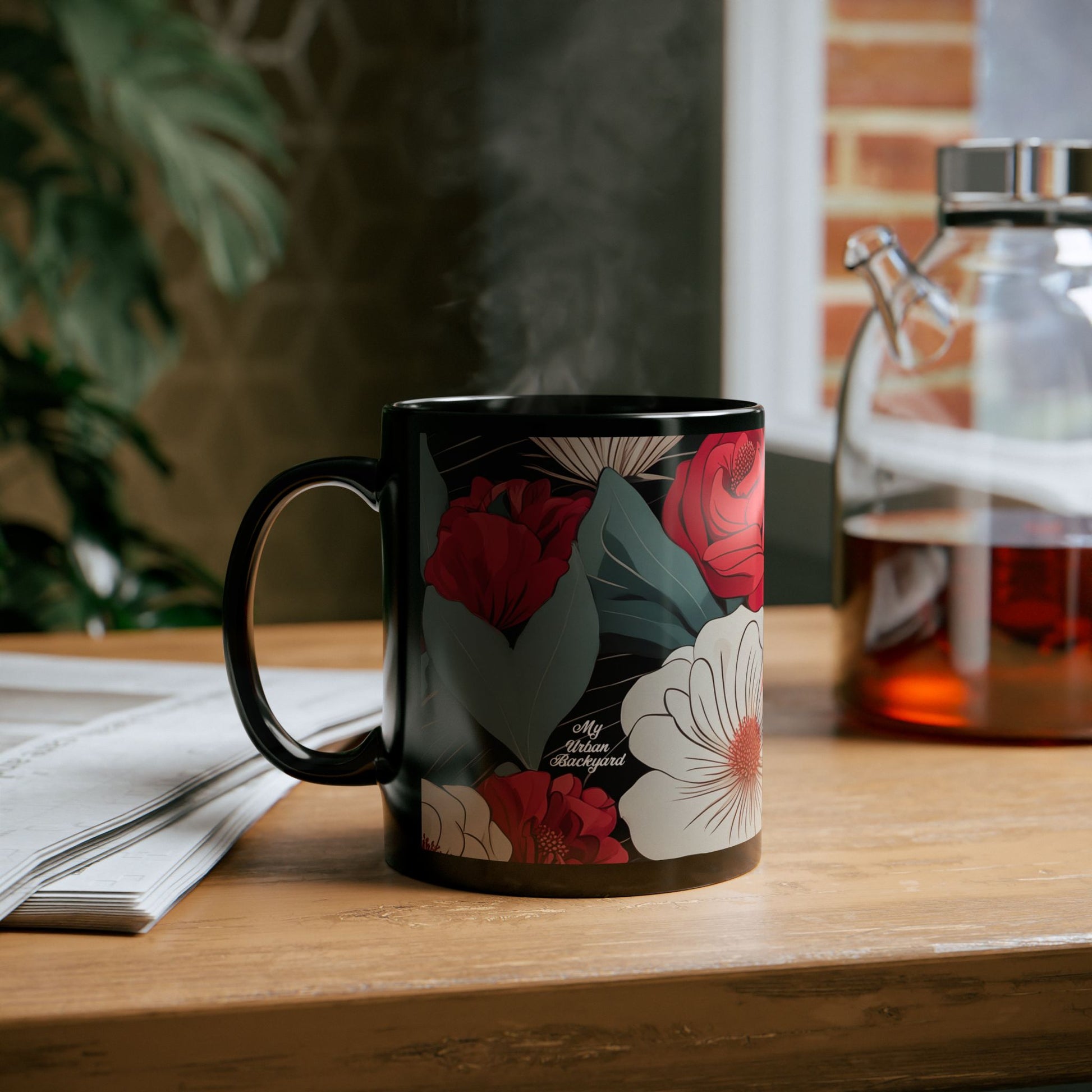 Floral Black Mug - Perfect for Coffee Lovers, Gift for Her, Home Decor, Botanical Design, Floral Coffee Cup