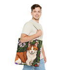 Orange Cat with Flowers Tote Bag with Cotton Handles For Everyday Use, 3 Sizes