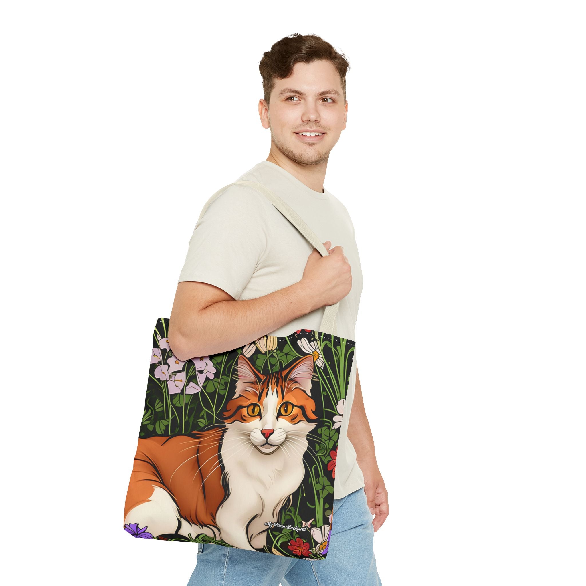 Orange Cat with Flowers Tote Bag with Cotton Handles For Everyday Use, 3 Sizes