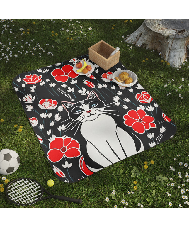 Cat with Red Flowers, Cozy Outdoor Picnic Blanket, Water-Resistant Bottom, 51" × 61"
