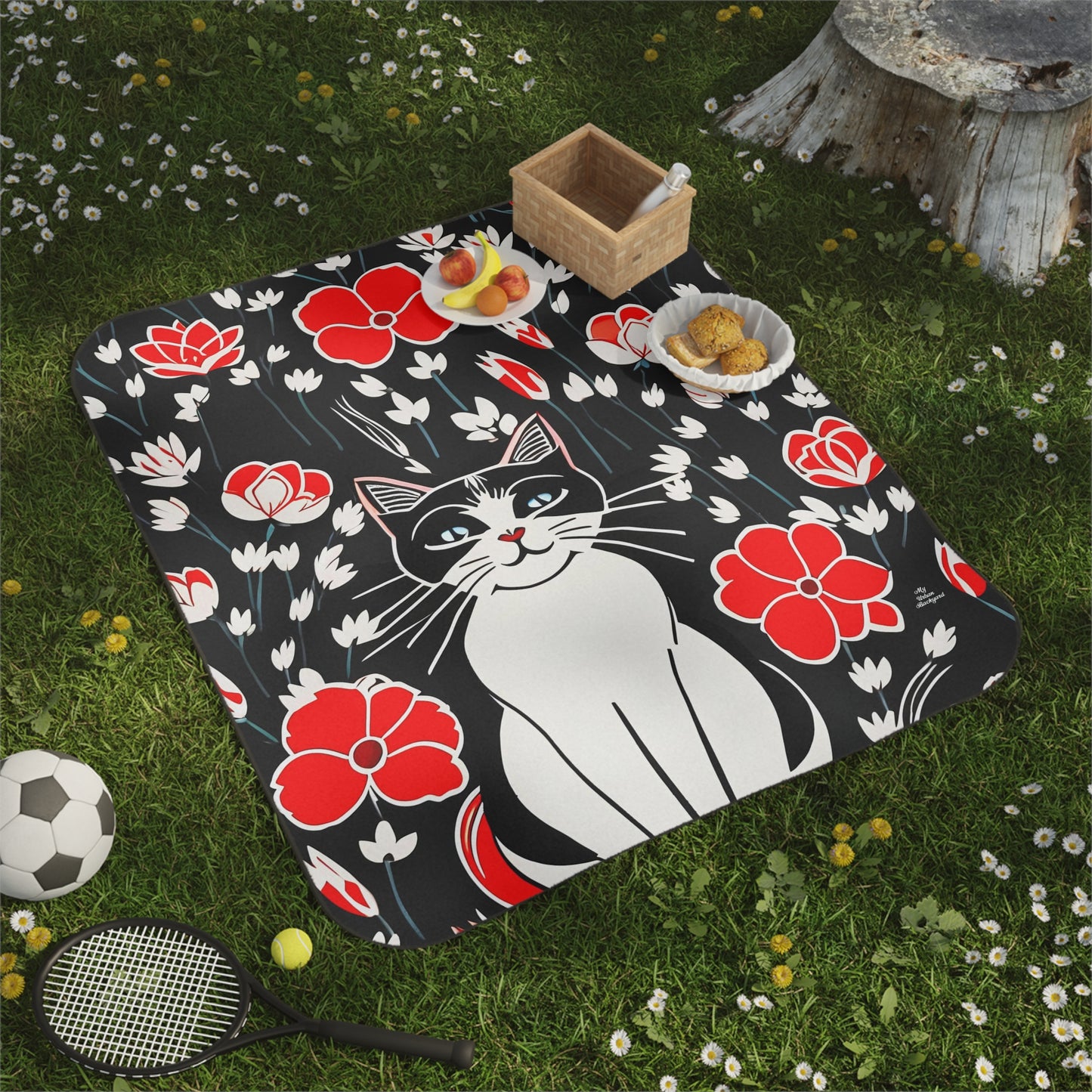 Outdoor Picnic Blanket with Soft Fleece Top and Water-Resistant Bottom - Cat with Red Flowers