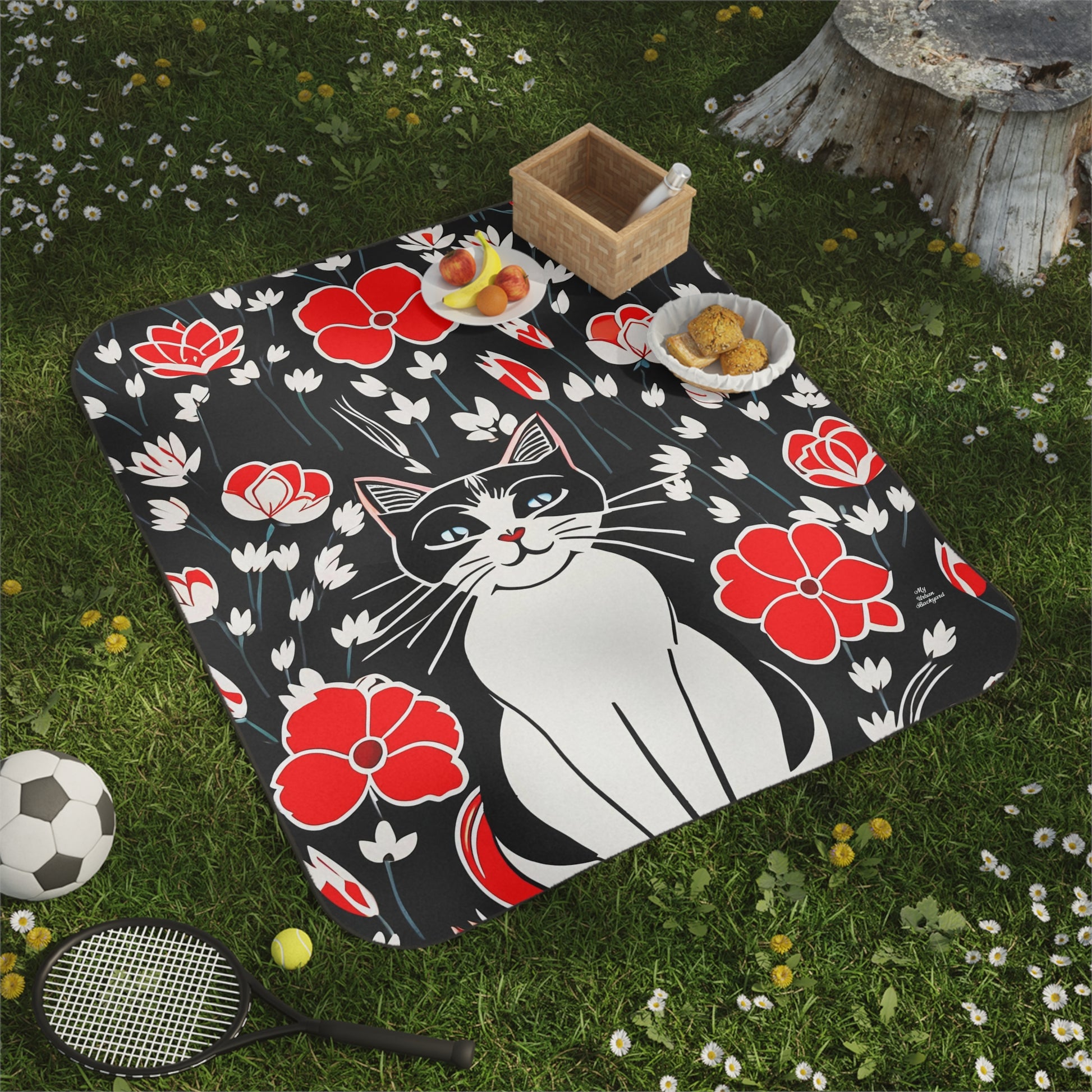 Cat with Red Flowers, Cozy Outdoor Picnic Blanket, Water-Resistant Bottom, 51" × 61"
