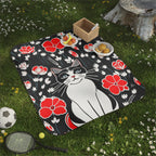 Cat with Red Flowers, Cozy Outdoor Picnic Blanket, Water-Resistant Bottom, 51" × 61"