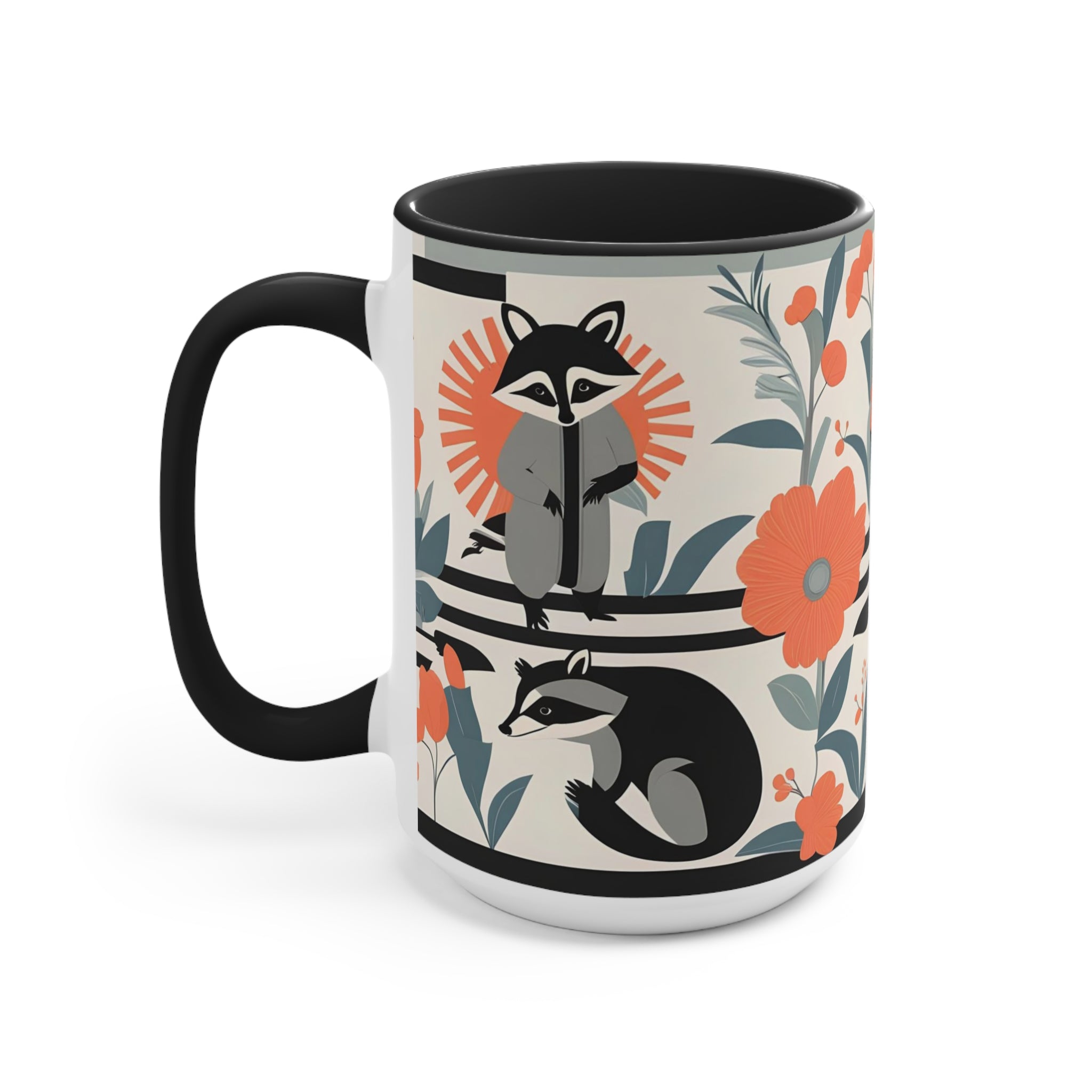 Raccoon Mural with Pastel Flowers, Ceramic Coffee Mug