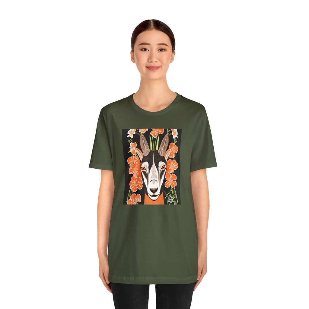 Goat with Orange Flowers, Soft 100% Jersey Cotton T-Shirt, Unisex, Short Sleeve, Retail Fit