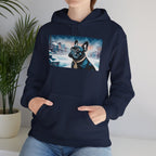 Person wearing a navy blue hoodie with a french bulldog dog graphic on a light gray background