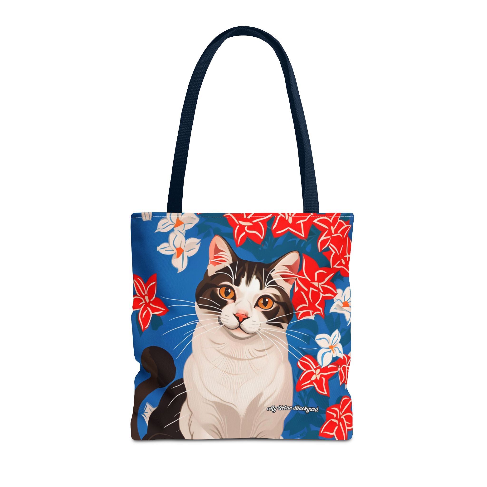 Cat with Red and White Flowers, Tote Bag with Cotton Handles For Everyday Use, 3 Sizes
