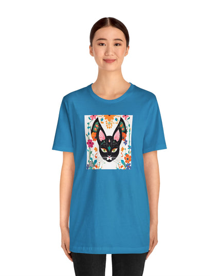 Black Cat w Green Eyes & Flowers, Soft 100% Jersey Cotton T-Shirt, Unisex, Short Sleeve, Retail Fit