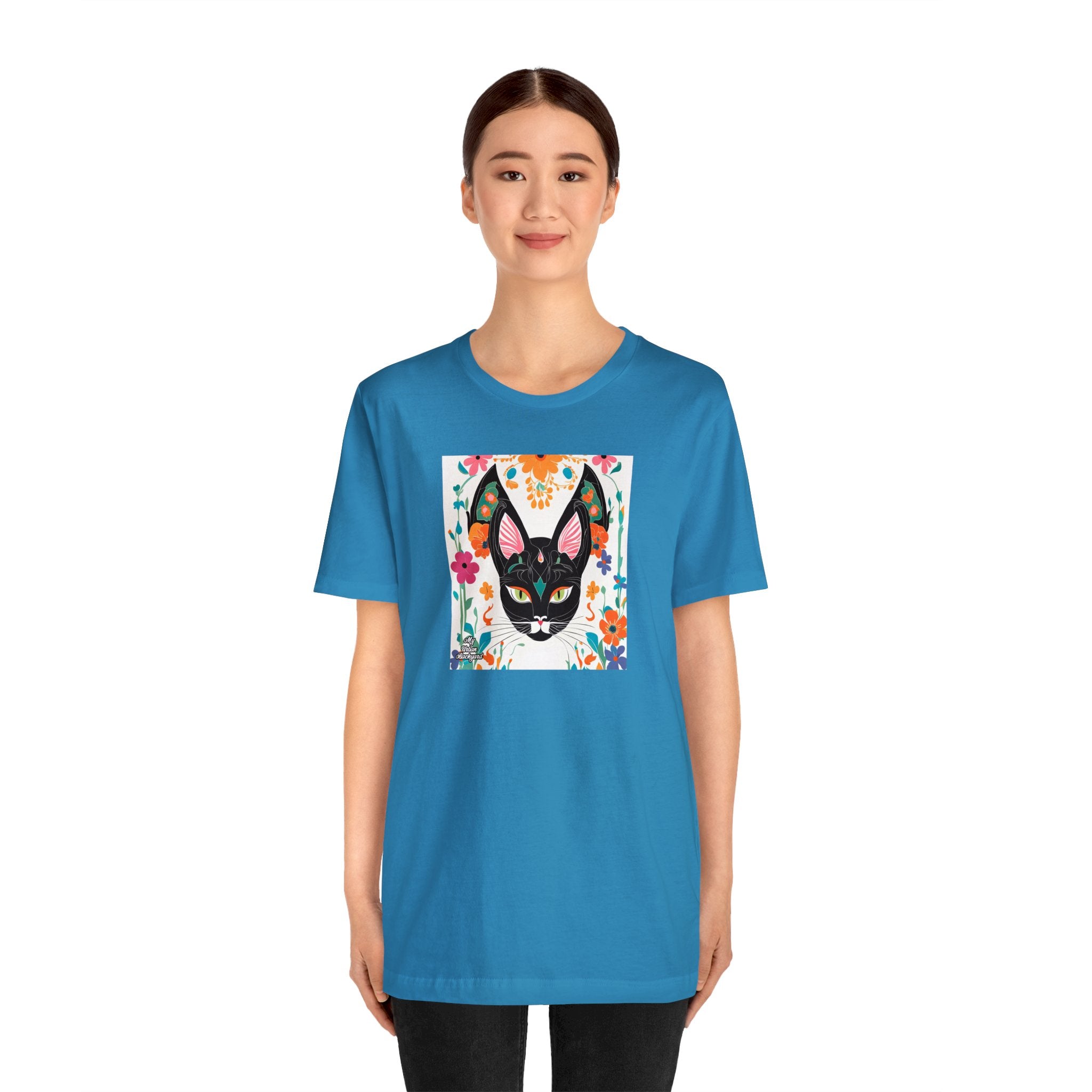 Black Cat w Green Eyes & Flowers, Soft 100% Jersey Cotton T-Shirt, Unisex, Short Sleeve, Retail Fit