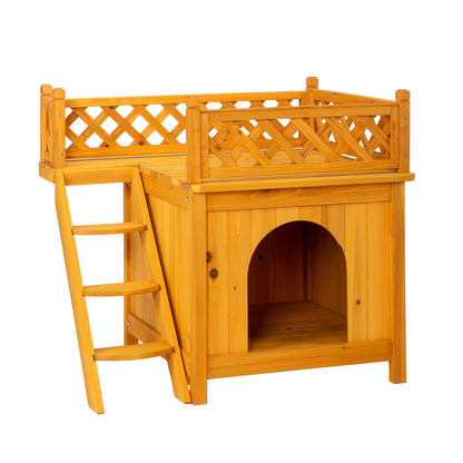 2-Story Outdoor Cat House, Wood Shelter with Fence and Staircase, Natural Color