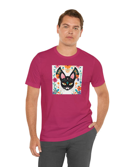 Black Cat w Green Eyes & Flowers, Soft 100% Jersey Cotton T-Shirt, Unisex, Short Sleeve, Retail Fit