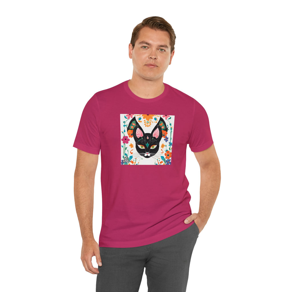 Black Cat w Green Eyes & Flowers, Soft 100% Jersey Cotton T-Shirt, Unisex, Short Sleeve, Retail Fit