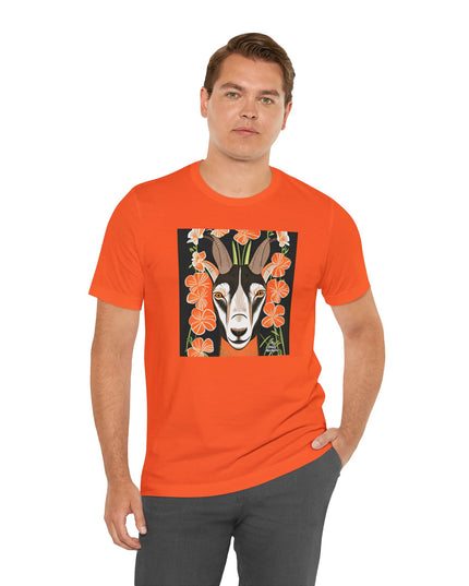 Goat with Orange Flowers, Soft 100% Jersey Cotton T-Shirt, Unisex, Short Sleeve, Retail Fit