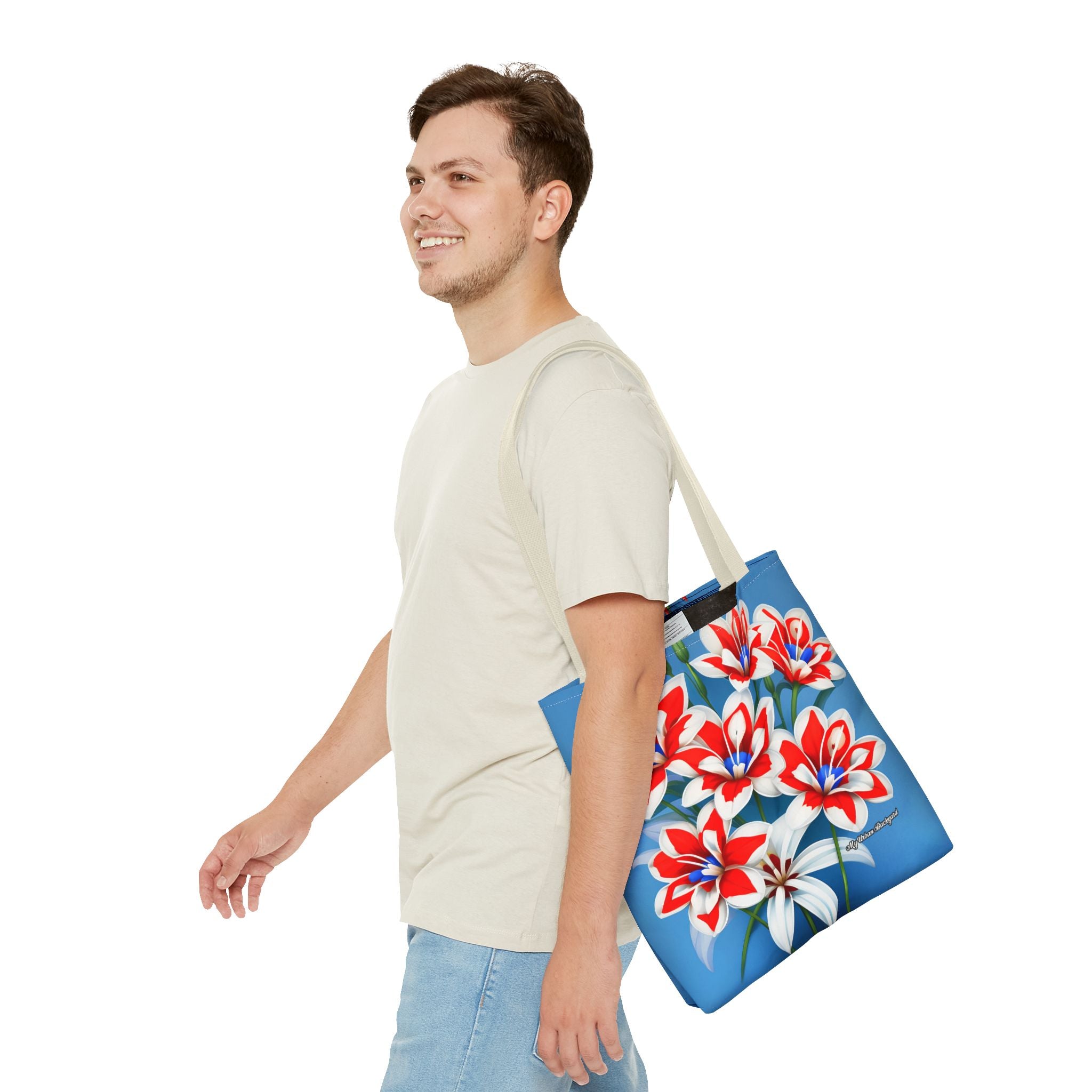 Bouquet of Red White and Blue Flowers Tote Bag with Cotton Handles For Everyday Use, 3 Sizes