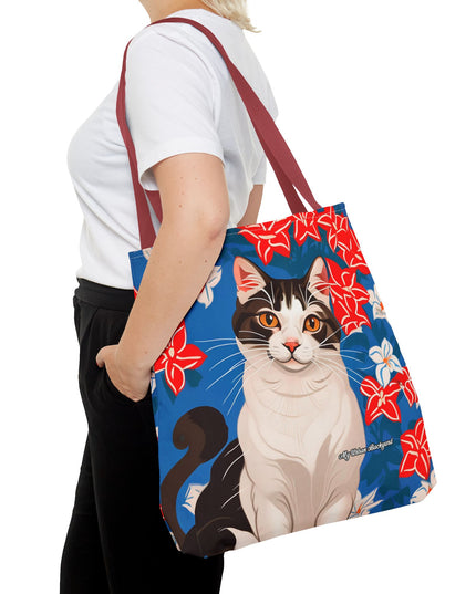 Cat and Red White & Blue Flowers Tote Bag with Cotton Handles For Everyday Use, 3 Sizes