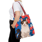 Cat with Red and White Flowers, Tote Bag with Cotton Handles For Everyday Use, 3 Sizes