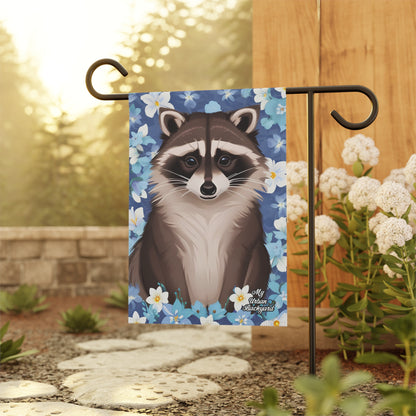Raccoon in Pale Blue Flowers, Garden Flag for Yard, Patio, Porch, or Work, 12"x18" - Flag only