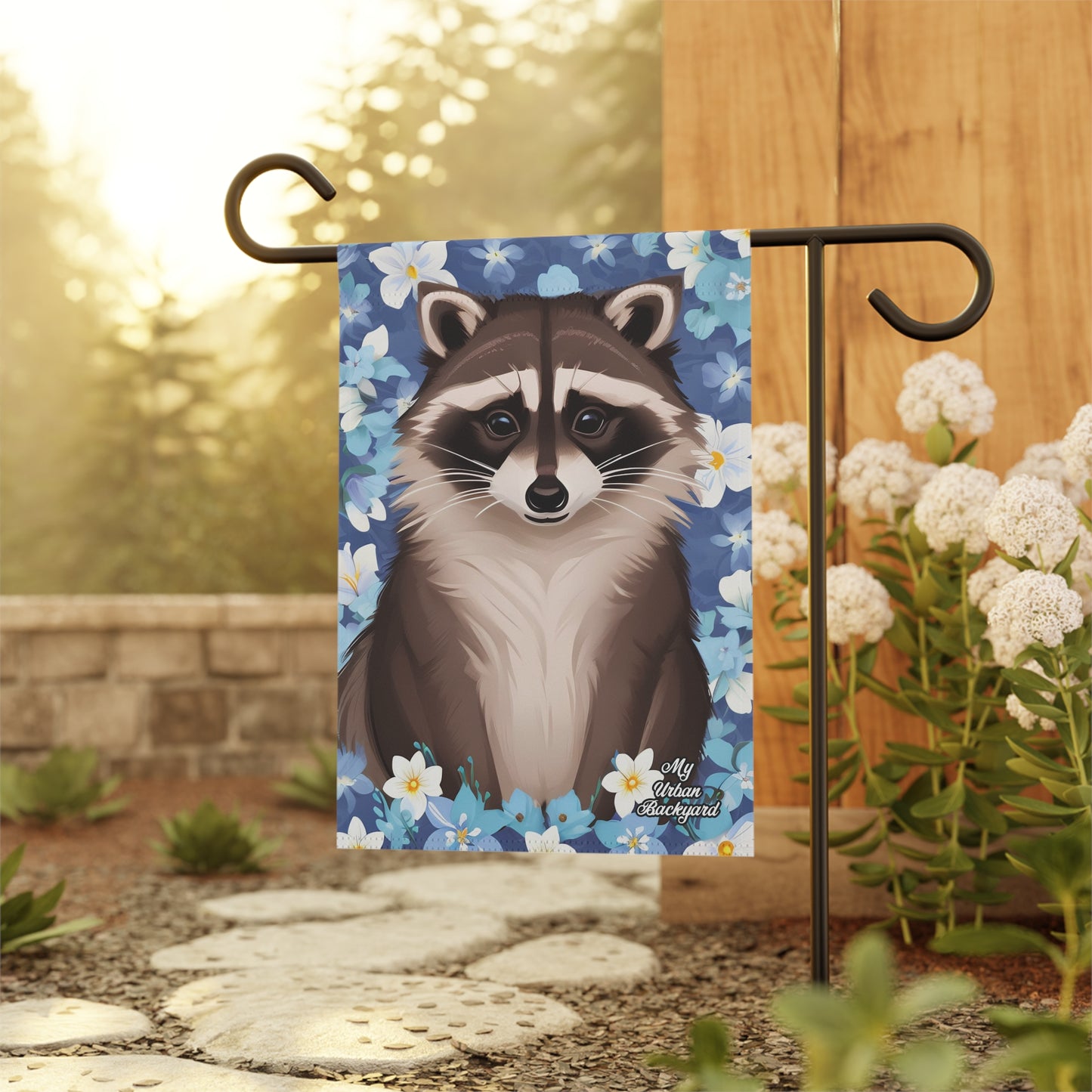 Raccoon in Pale Blue Flowers, Garden Flag for Yard, Patio, Porch, or Work, 12"x18" - Flag only