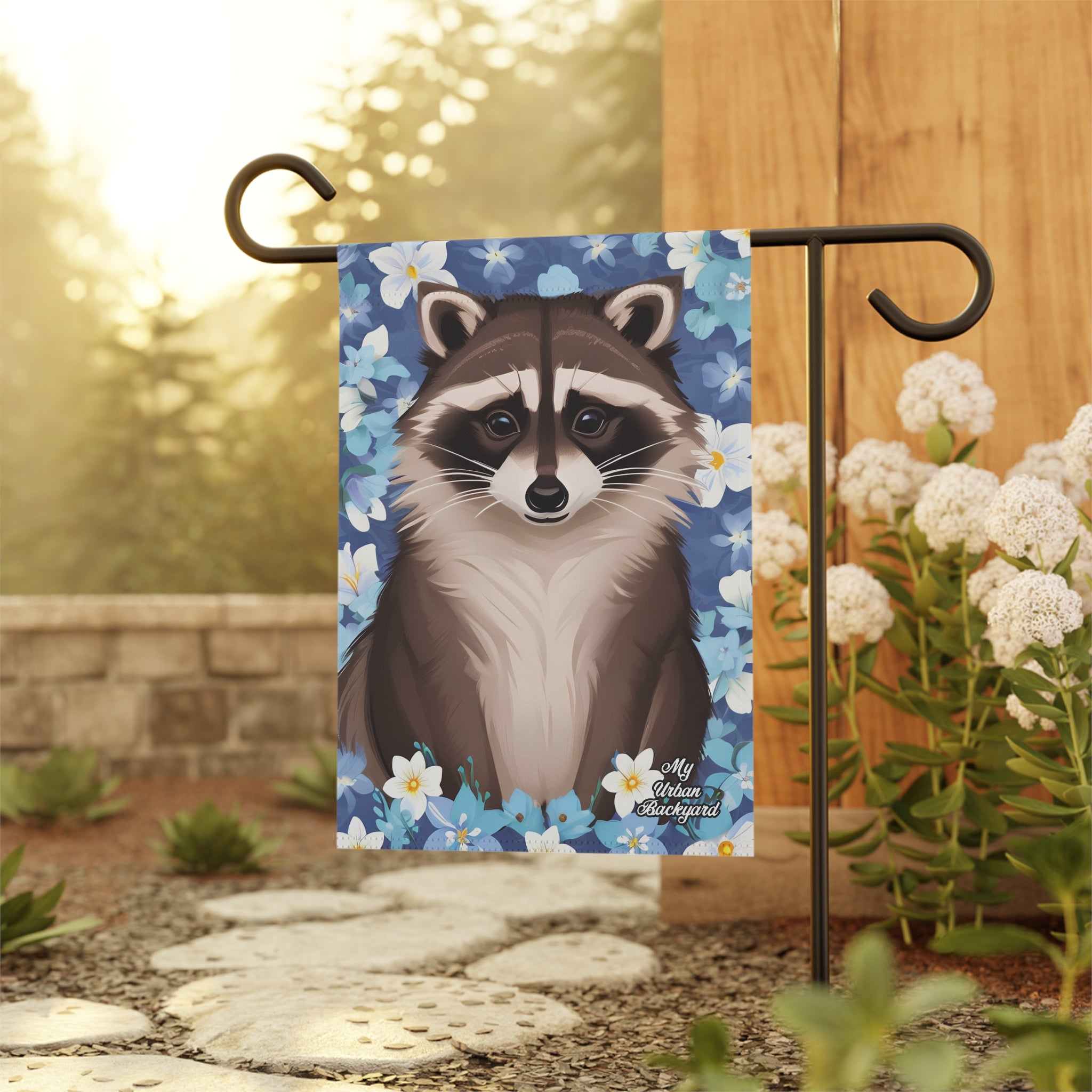 Raccoon in Pale Blue Flowers, Garden Flag