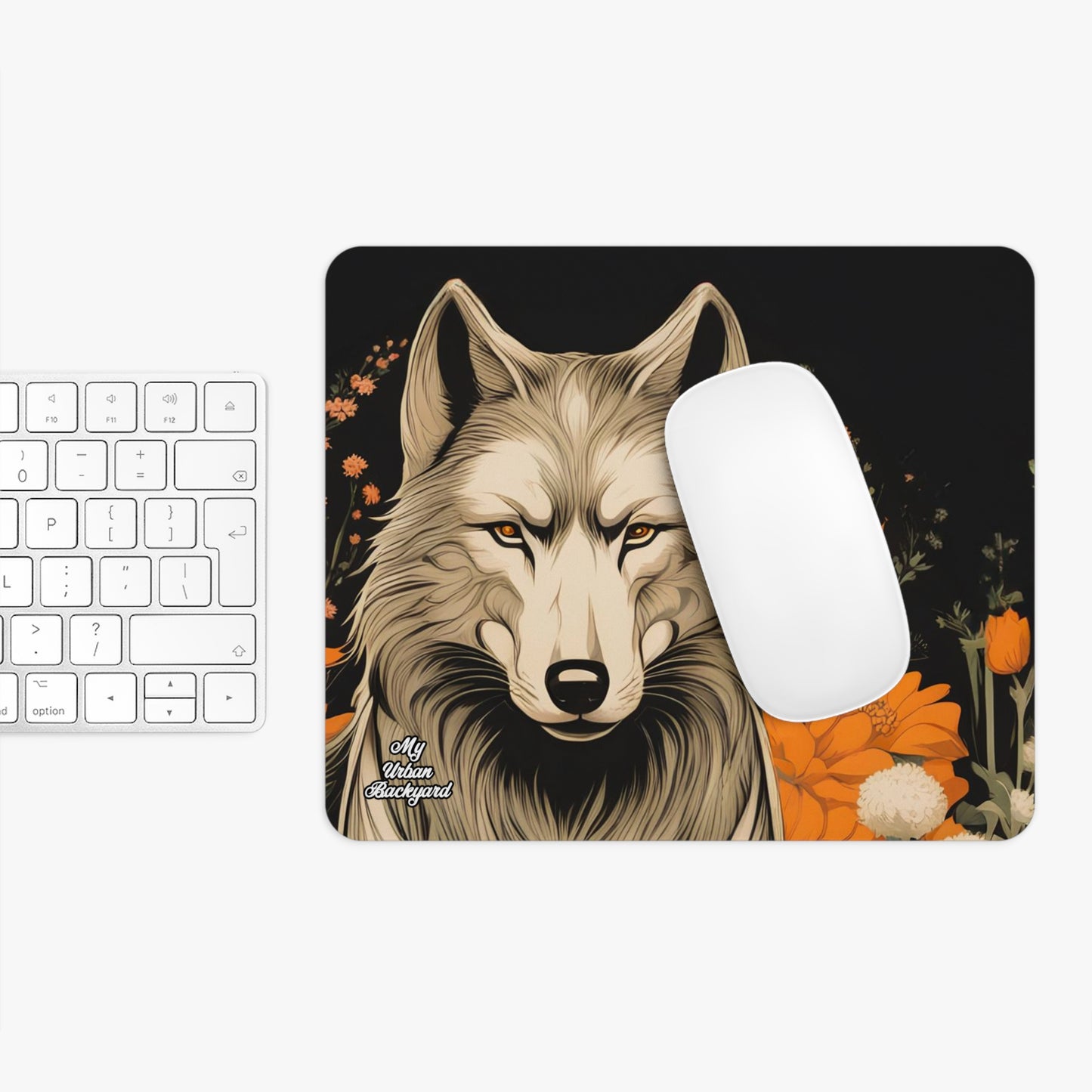 Wolf with Flowers, Computer Mouse Pad - for Home or Office