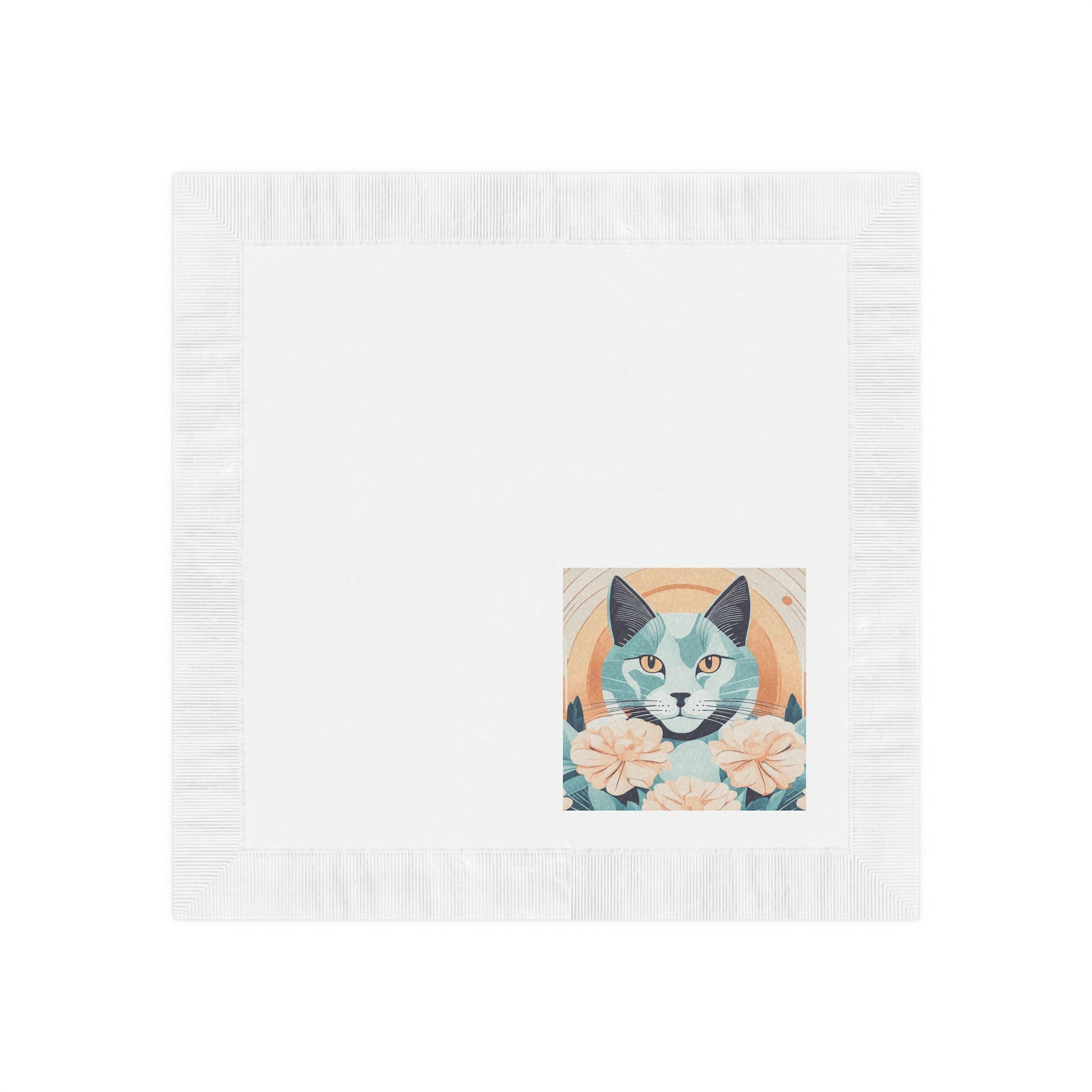 Leo Bluemane, Cat Floral Cocktail Napkins — Retro Blue Cat with Peach Roses, 2 sizes, Pack of 50 or 100