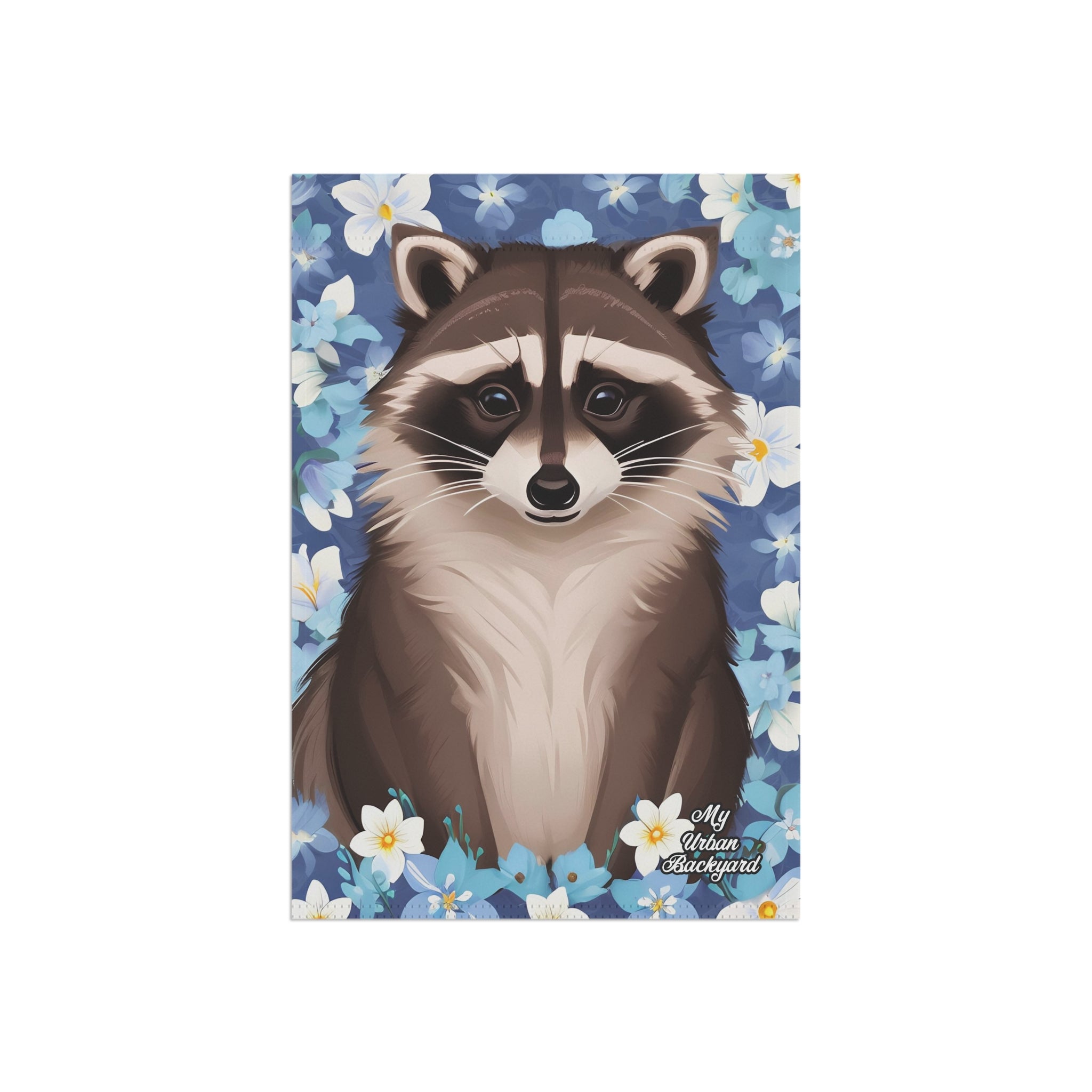 Raccoon in Pale Blue Flowers, Garden Flag