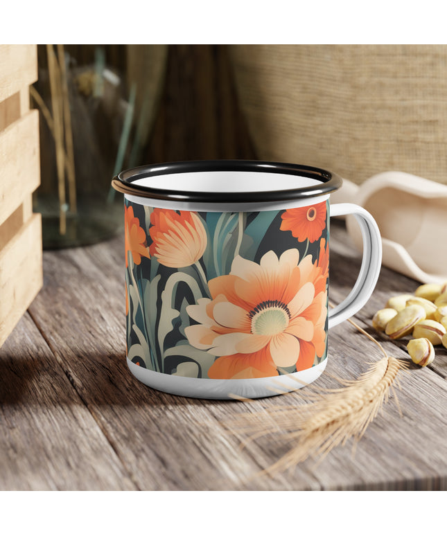 Orange and White Flowers, Enamel Camping Mug for Coffee, Tea, Cocoa, or Cereal - 12oz