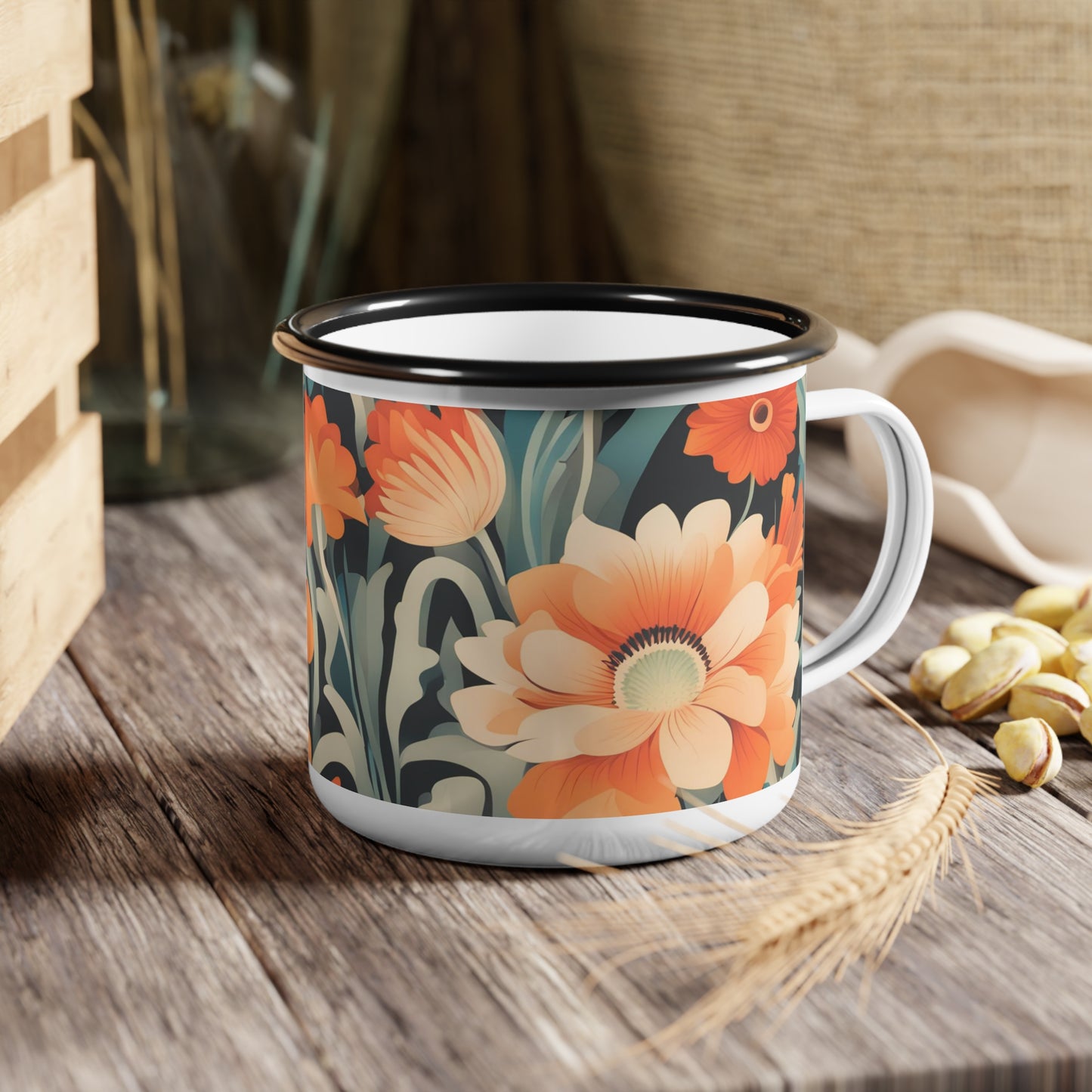 Orange and White Flowers, Enamel Camping Mug for Coffee, Tea, Cocoa, or Cereal - 12oz