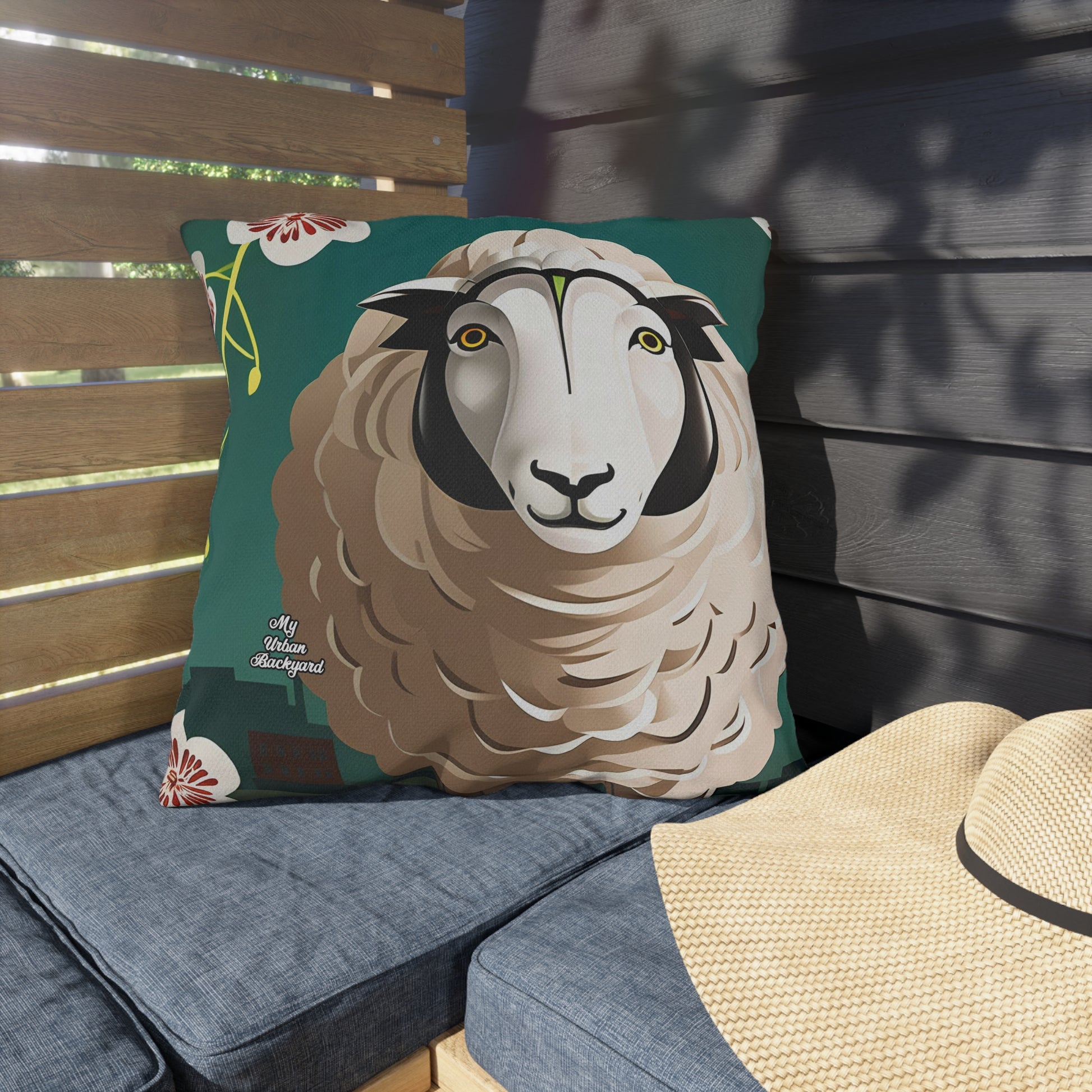A Sheep with Flowers, Black accent color, Throw Pillow, Indoor/Outdoor Decor for Home or Office
