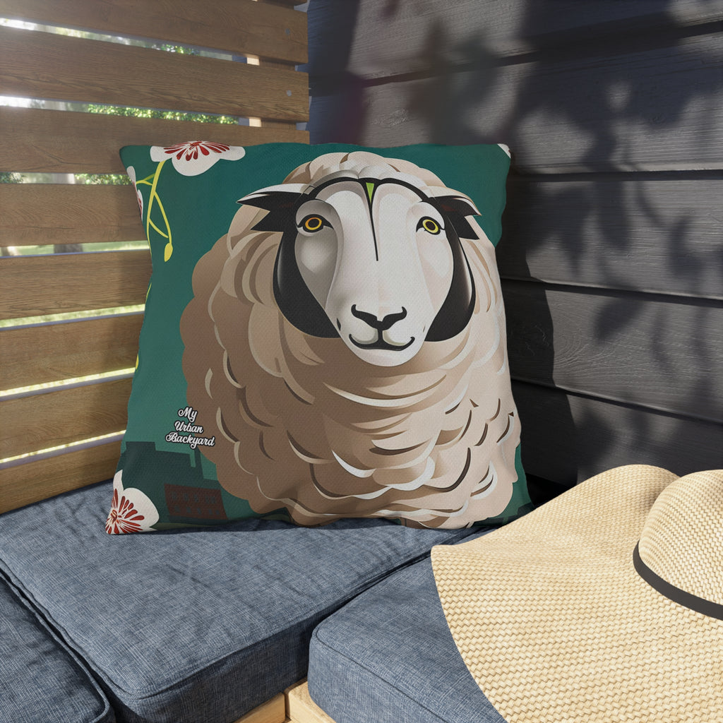 A Sheep with Flowers, Black accent color, Throw Pillow, Indoor/Outdoor Decor for Home or Office