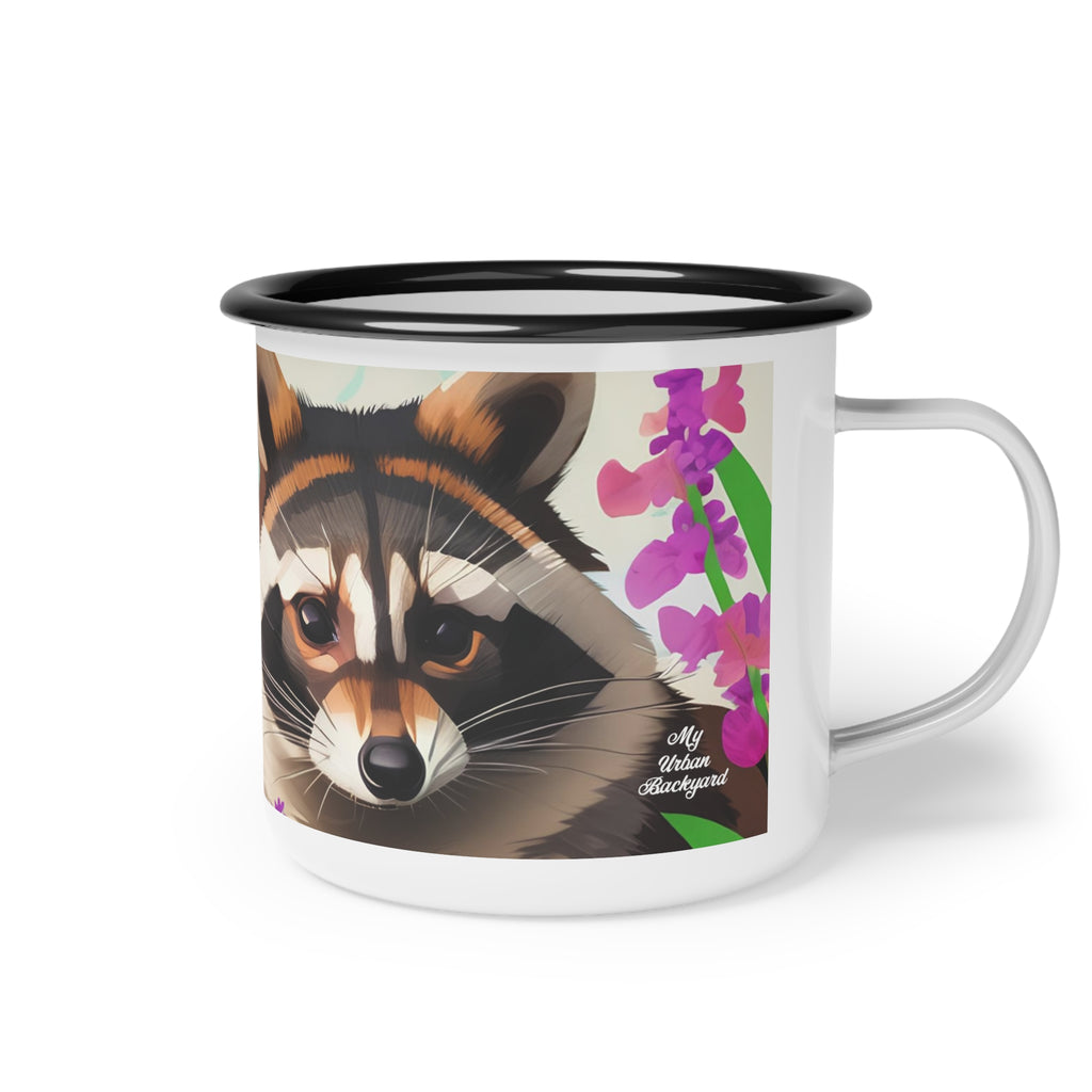 Raccoon with Flowers, Enamel Camping Mug for Coffee, Tea, Cocoa, or Cereal - 12oz