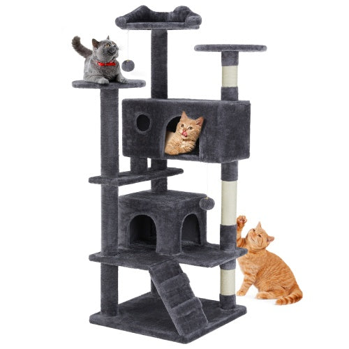 54" Cat Tower, Cozy Multi-Level Cat Tree with Nooks, Dark Grey