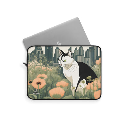 City Cat with Flowers, Laptop Carrying Case, Top Loading Sleeve for School or Work