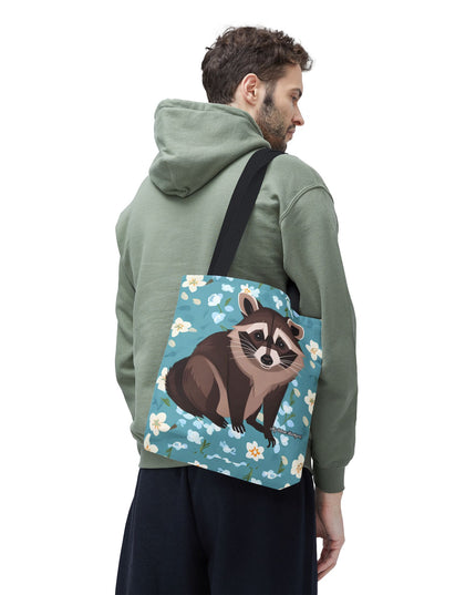 Young Raccoon w Flowers Tote Bag with Cotton Handles For Everyday Use, 3 Sizes