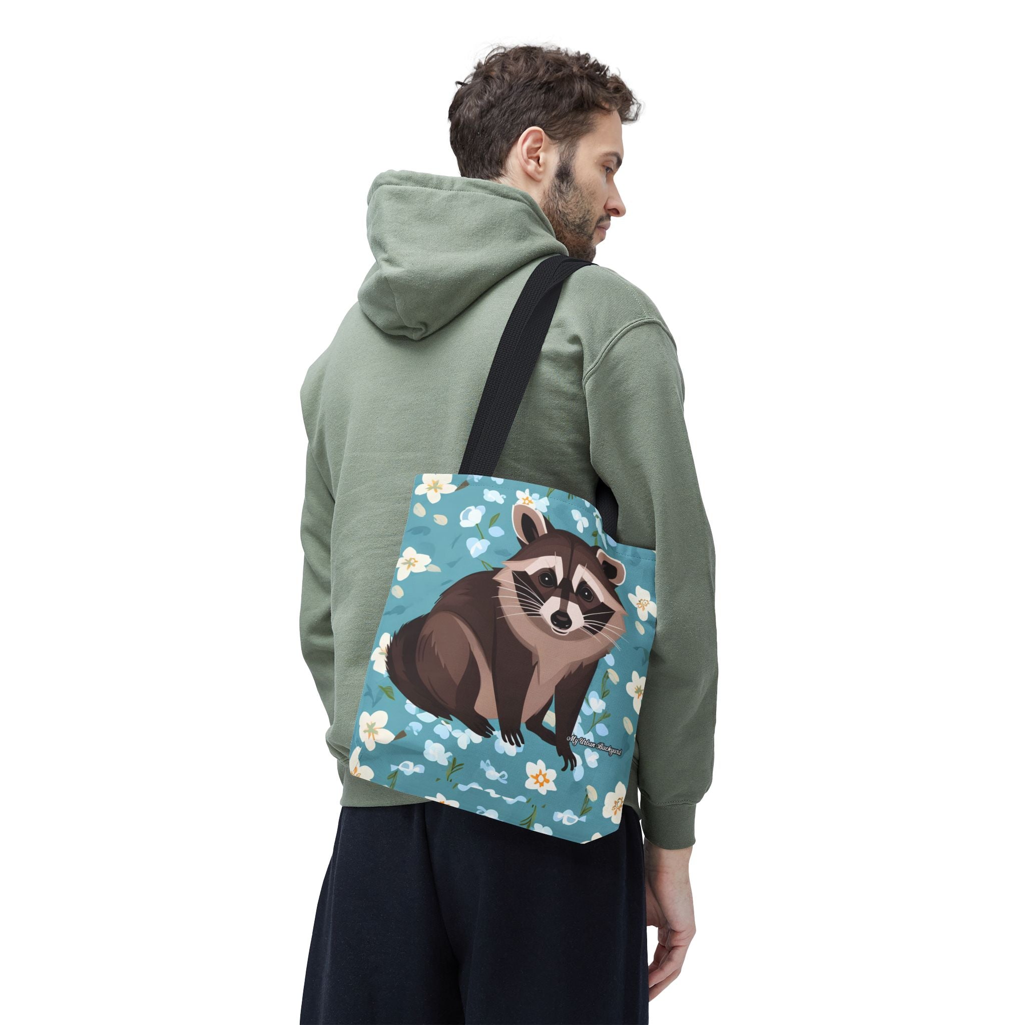 Young Raccoon w Flowers Tote Bag with Cotton Handles For Everyday Use, 3 Sizes